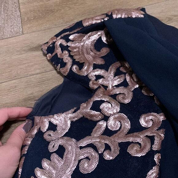 Tadashi Shoji Crepe Draped Open Back Gown With Metallic Paillette Detail - Picture 6 of 17